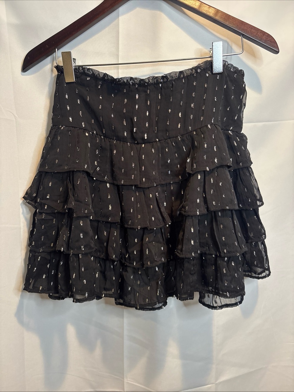 American Eagle Outfitters Black Tiered Ruffle Mini Skirt with Metallic Dots